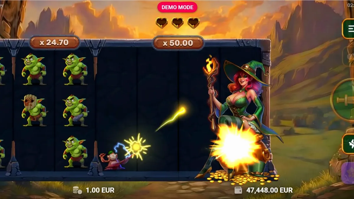 Interface colorida e dinâmica do jogo Monkey Money com o personagem principal no calabouço